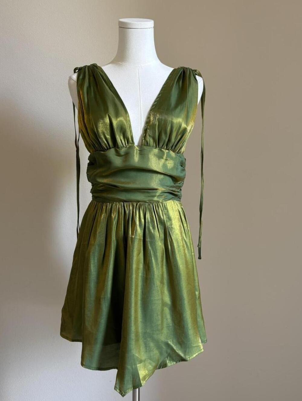 NWT Cider Metallic Olive Green Plunge Mini Dress Ruched Waist Party Dress Size S